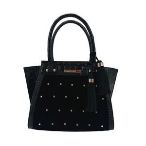 Brahmin Mini Priscilla Black Faroe Croc Embossed Leather Velvet Studded Bag RARE